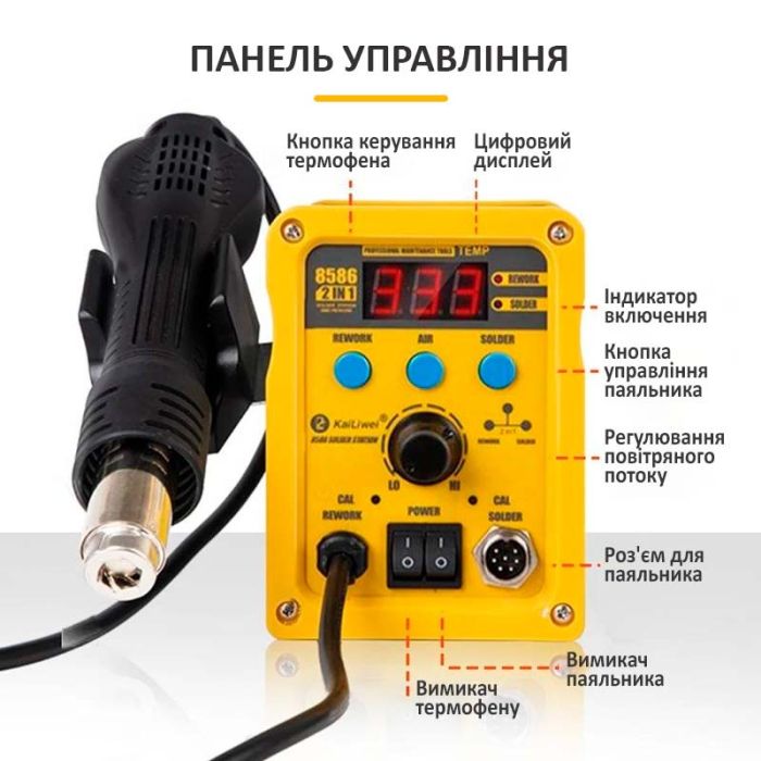 Паяльная станция 2 в 1 KaiLiwei 8586 / фен + паяльник / цифровая индикация / турбинная / 100-500°C / 750 Вт