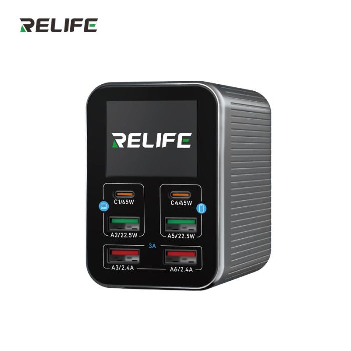 Быстрое зарядное устройство RELIFE Q4 / 2xType-C PD / 2xUSB QC / TFT дисплей / 72W Max / Grey