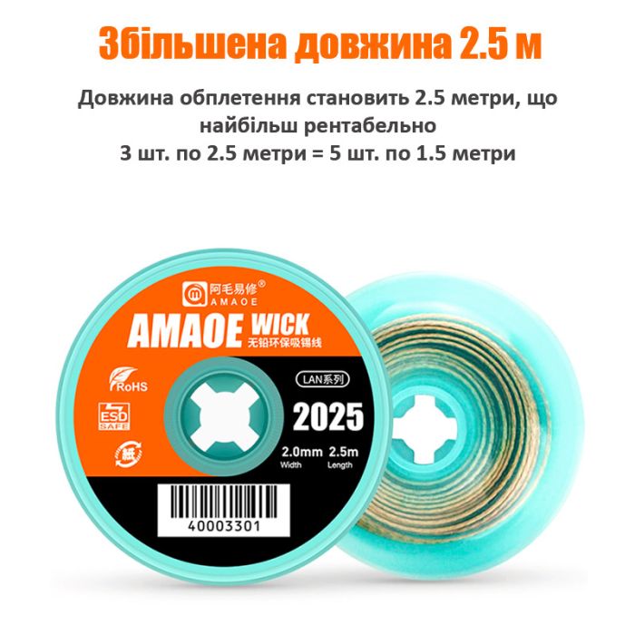 Оплетка для снятия припоя Amaoe Strong 2025 / длина 2.5м / ширина 2.0мм