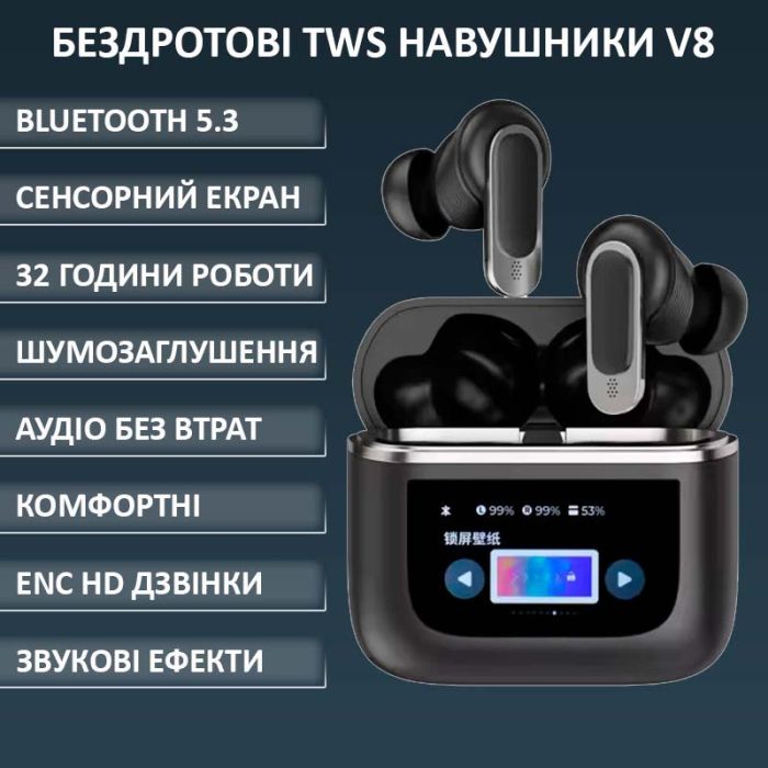 Навушники бездротові V8 TWS Earbuds з LED дисплеєм, Bluetooth 5.3, ANC, 530mAh, IPX5 Black