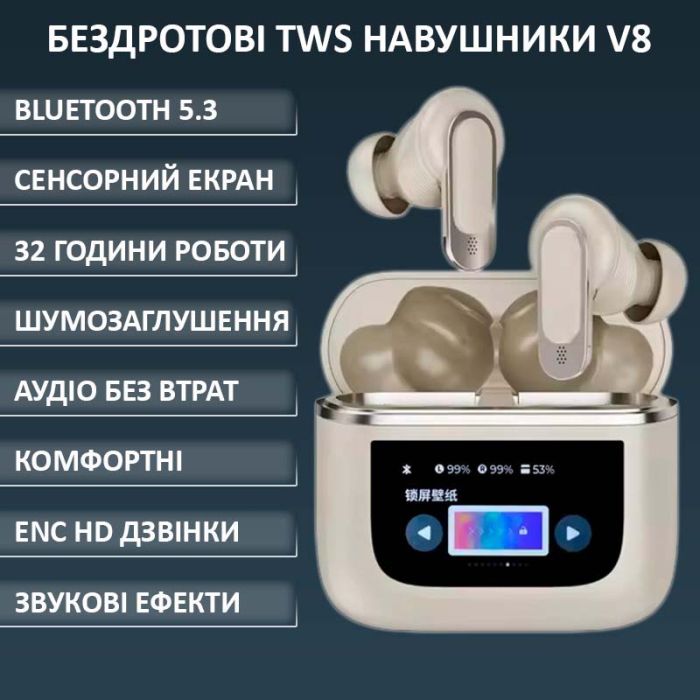 Навушники бездротові V8 TWS Earbuds з LED дисплеєм, Bluetooth 5.3, ANC, 530mAh, IPX5 Gold