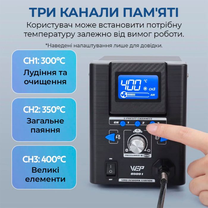 Термоповітряна паяльна станція WEP 8509-I / 3 канали пам'яті / 100-480°C / 8 міні насадок / 170 Вт