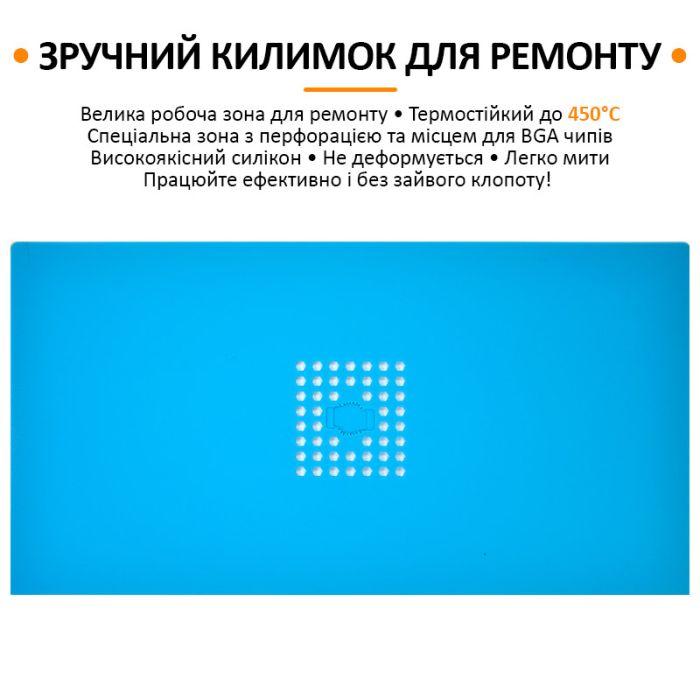 Килимок силіконовий термостійкий TELIJIA TE-709 з перфорацією, для паяння мікросхем, 450°C, 428*221мм Blue