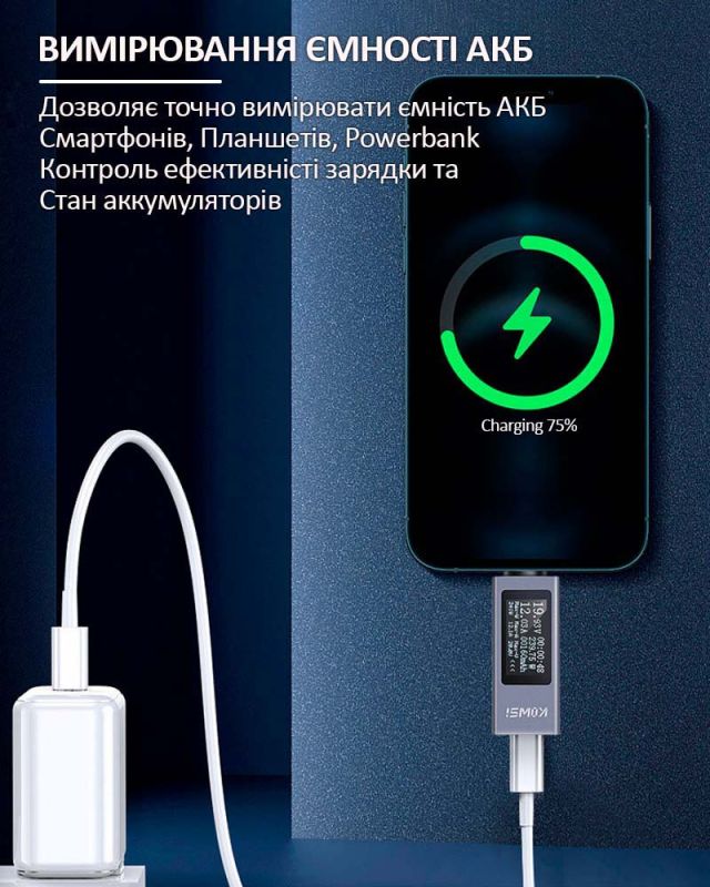 Багатофункціональний USB тестер KOWSI KWS-2301C Type-C / ударостійкий / QC3.0 / 4-30V / 12A
