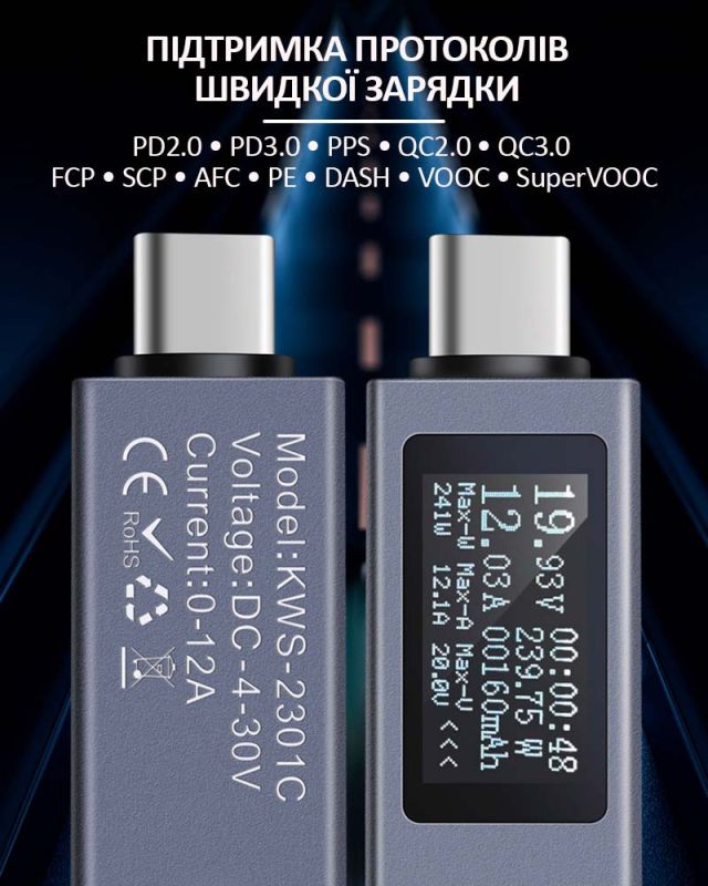 Багатофункціональний USB тестер KOWSI KWS-2301C Type-C / ударостійкий / QC3.0 / 4-30V / 12A