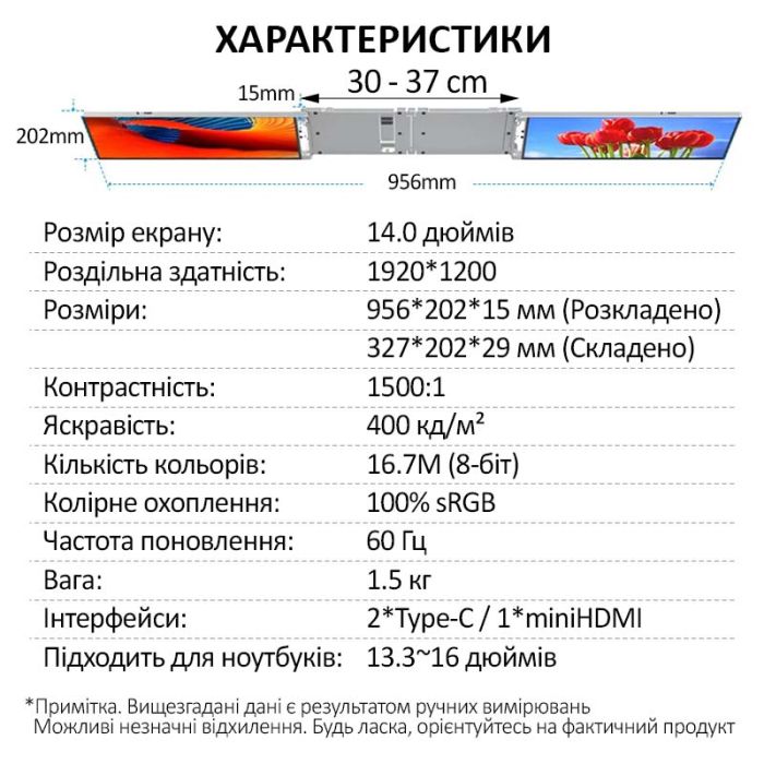Монитор портативный W14FPC 14 дюймов с двойным дисплеем для ноутбуков / IPS / 1920x1200 / Type-C / HDMI