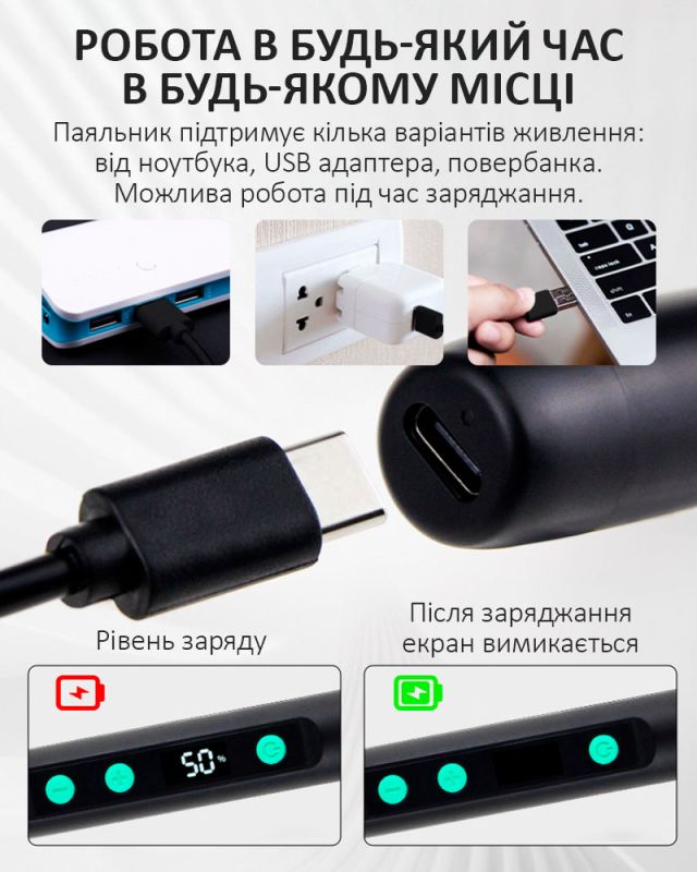 Портативный паяльник PS-5134 / 180-450°C / жало / губка / подставка / 5В USB Type-C / 15Вт Blue