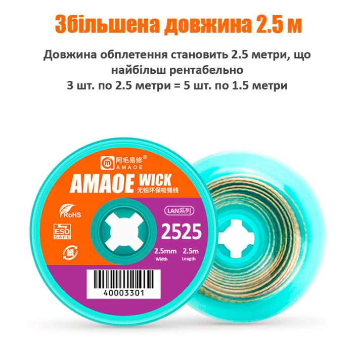 Оплетка для снятия припоя Amaoe Strong 2525 / длина 2.5м / ширина 2.5мм
