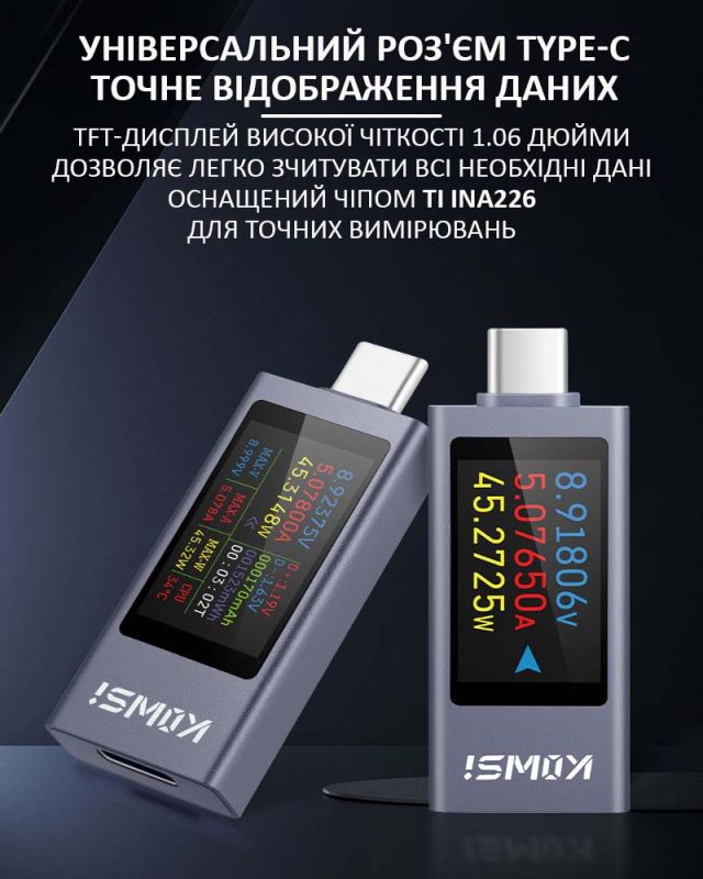 Багатофункціональний USB тестер KOWSI KWS-2303C Type-C / ударостійкий / QC3.0 / 4-30V / 12A