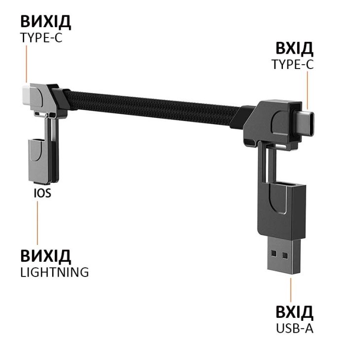 Кабель Type-C to Type-C з перехідниками USB+Lightning / 4 в 1 / QC3.0 PD / 60W / 15cm Orange