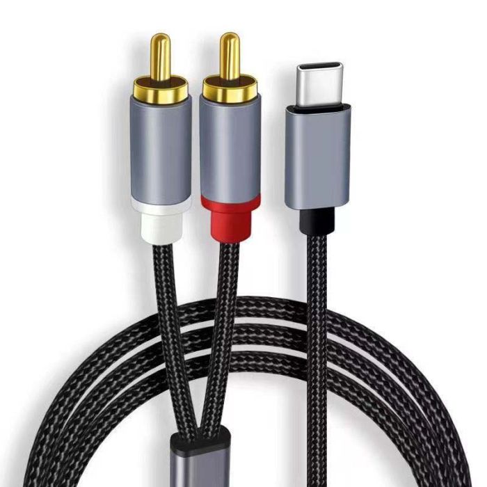 Кабель перехідник 2 RCA на Type-C аудіо (тюльпан) обплетення 1м Чорний