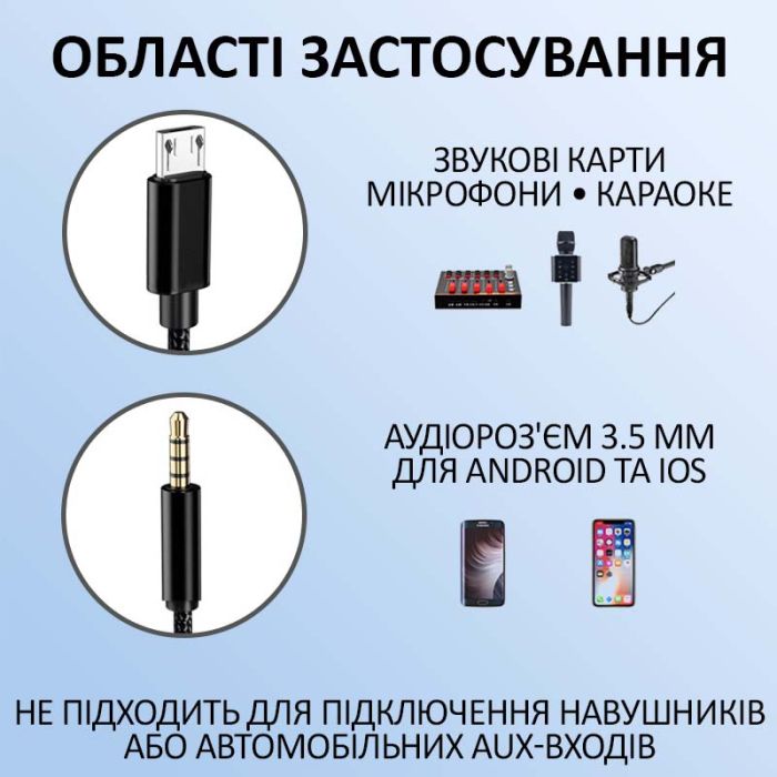 Кабель AUX Micro-USB на 3.5мм (тато-тато) аудіо перехідник в оплетці 1.5м Чорний
