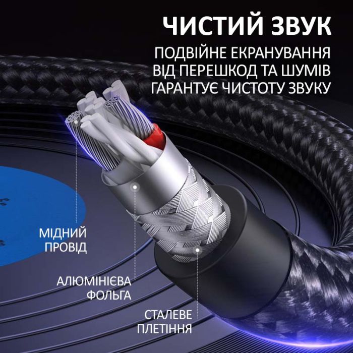Кабель AUX Micro-USB на 3.5мм (тато-тато) аудіо перехідник в оплетці 1.5м Чорний