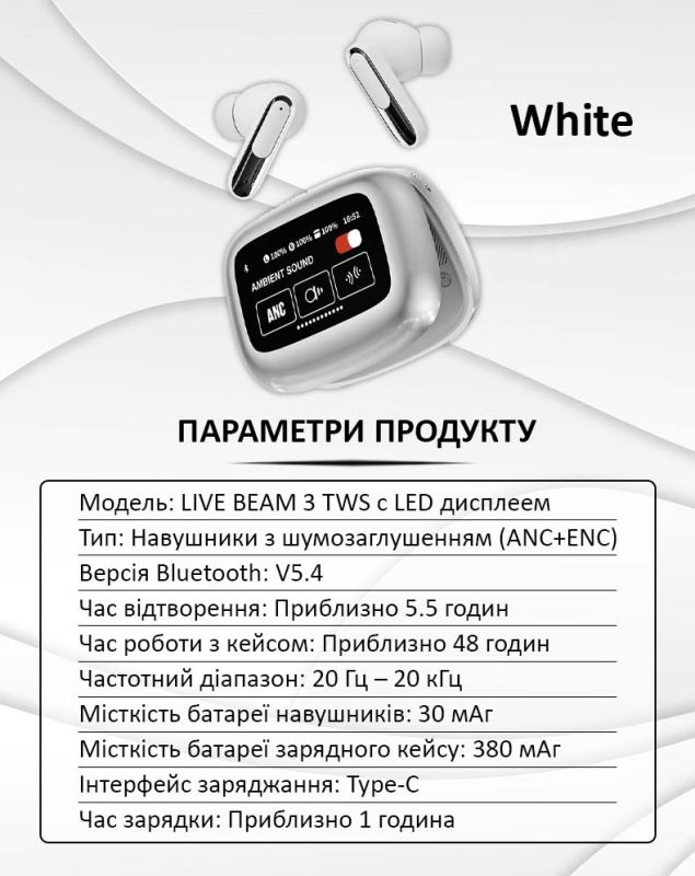 Бездротові навушники LIVE BEAM 3 TWS з LED дисплеєм, Bluetooth 5.4, ANC + ENC, 380mAh, IP55 White