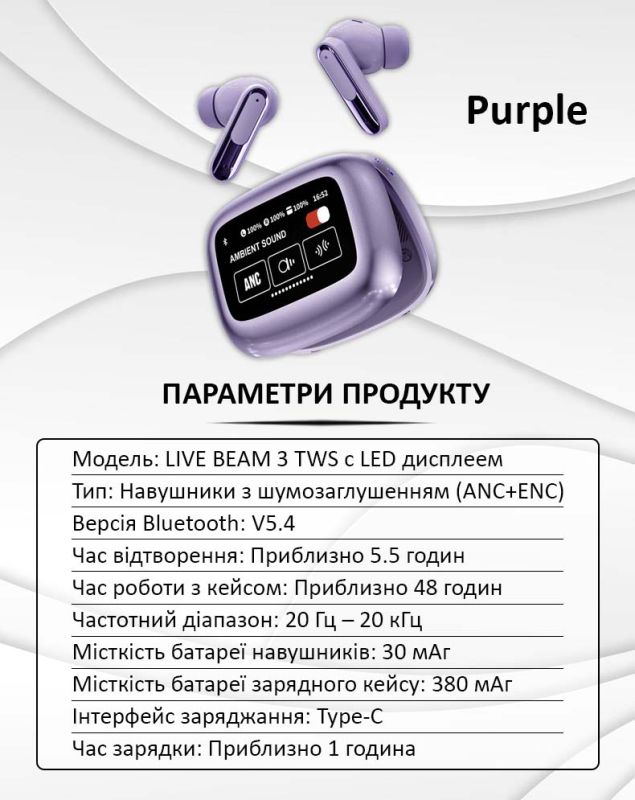 Бездротові навушники LIVE BEAM 3 TWS з LED дисплеєм, Bluetooth 5.4, ANC + ENC, 380mAh, IP55 Purple