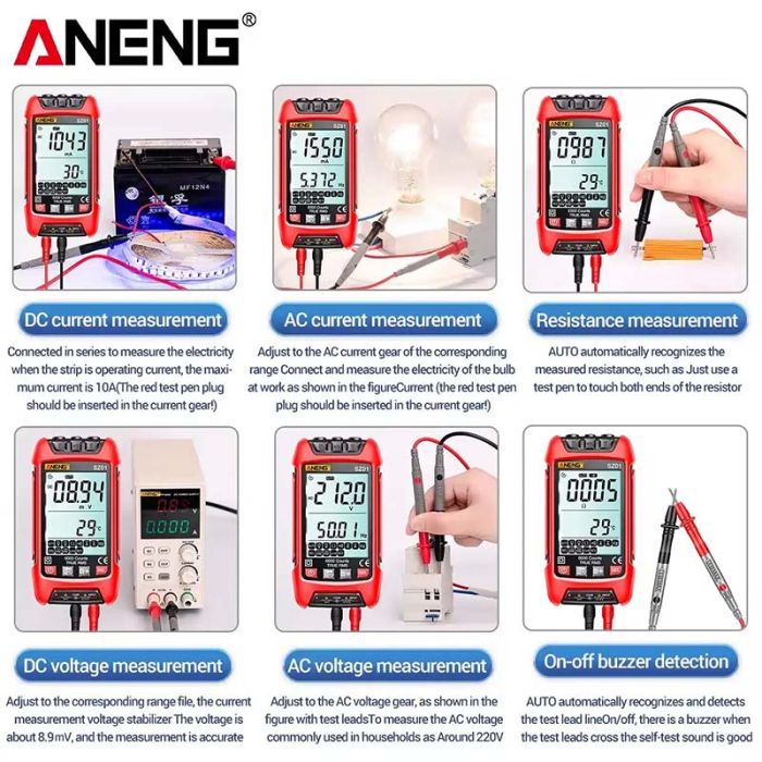 Мультиметр цифровий Aneng SZ01 кишеньковий, True RMS, NCV, автовизначення, ліхтарик, LCD, 600В, 10A