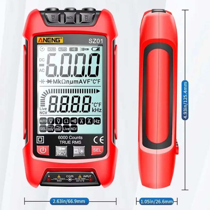 Мультиметр цифровий Aneng SZ01 кишеньковий, True RMS, NCV, автовизначення, ліхтарик, LCD, 600В, 10A