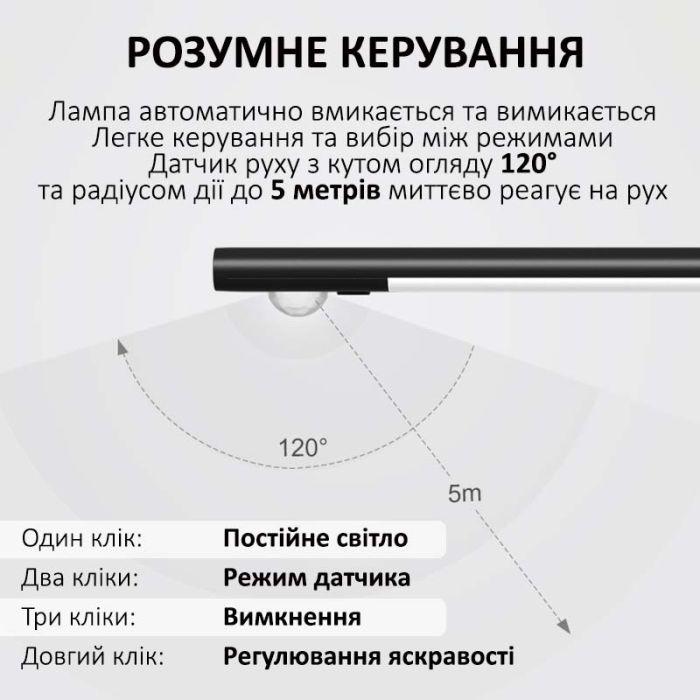 LED лампа нічник Greenbar L911 з датчиком руху, 2 Вт, довжина 23 см Black