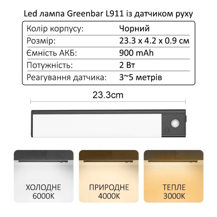 LED лампа нічник Greenbar L911 з датчиком руху, 2 Вт, довжина 23 см Black