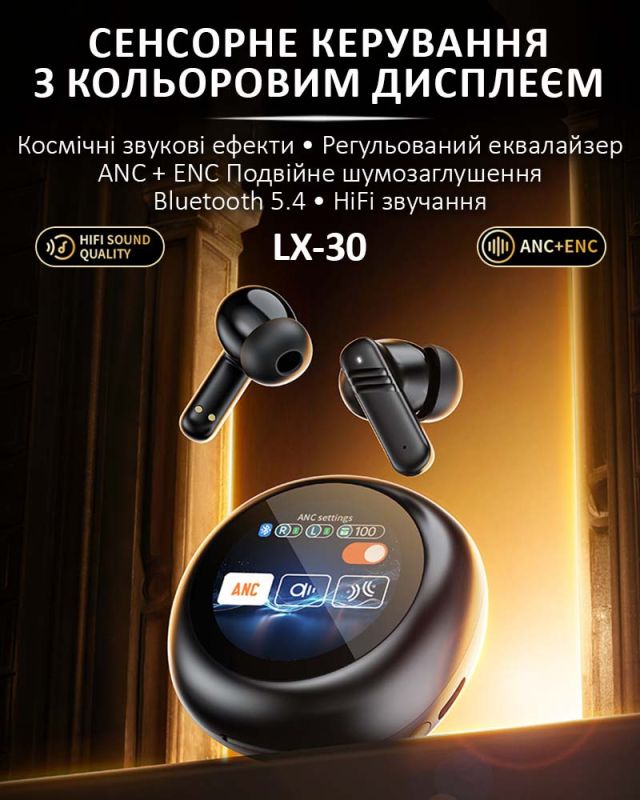 Навушники бездротові LX-30 TWS Earbuds з LED дисплеєм, Bluetooth 5.4, ANC + ENC, 300mAh Black