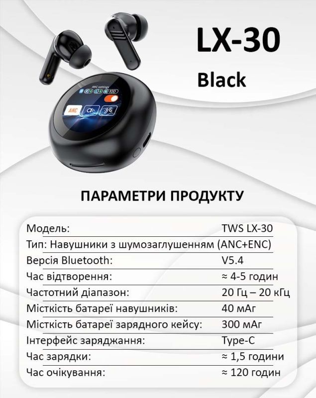 Навушники бездротові LX-30 TWS Earbuds з LED дисплеєм, Bluetooth 5.4, ANC + ENC, 300mAh Black