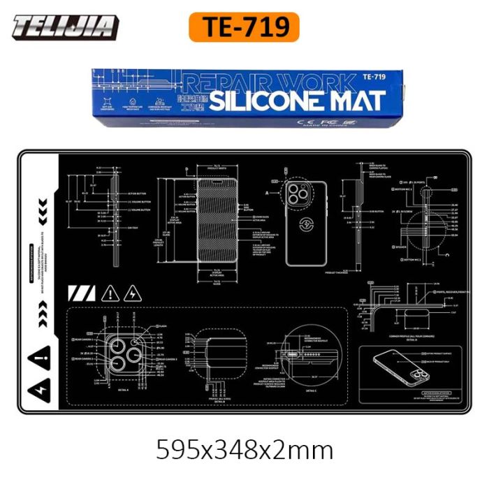 Силіконовий килимок TELIJIA TE-719 для пайки та ремонту техніки / до 300°C / 595x348мм / Чорний