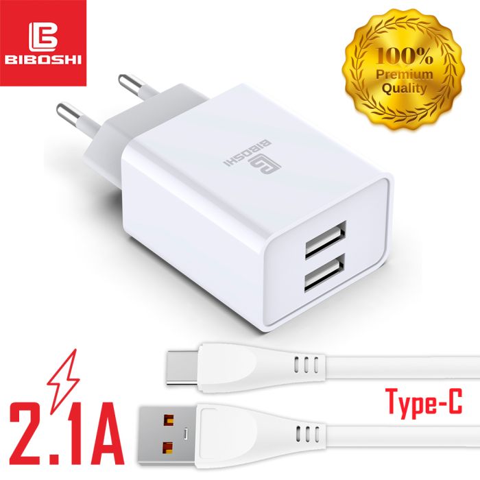 Сетевое зарядное устройство Biboshi C01 2 USB 2.1A + кабель Type-C white