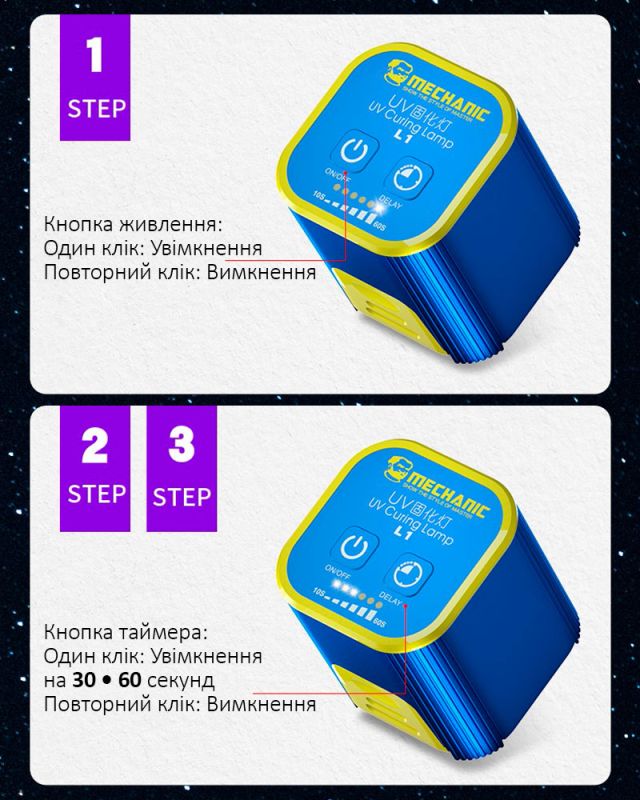 Ультрафіолетова лампа Mechanic L1 / для сушки клею, лаку / USB Type-C 5V / 7W