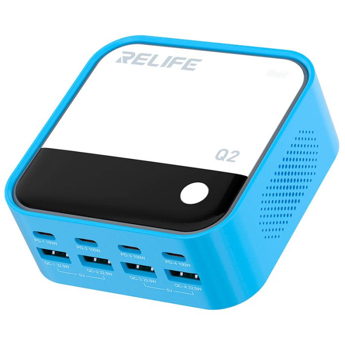 Швидкий зарядний пристрій Relife Q2 GaN / 4xUSB QC / 4xType-C PD / RGB підсвітка / 120W Blue
