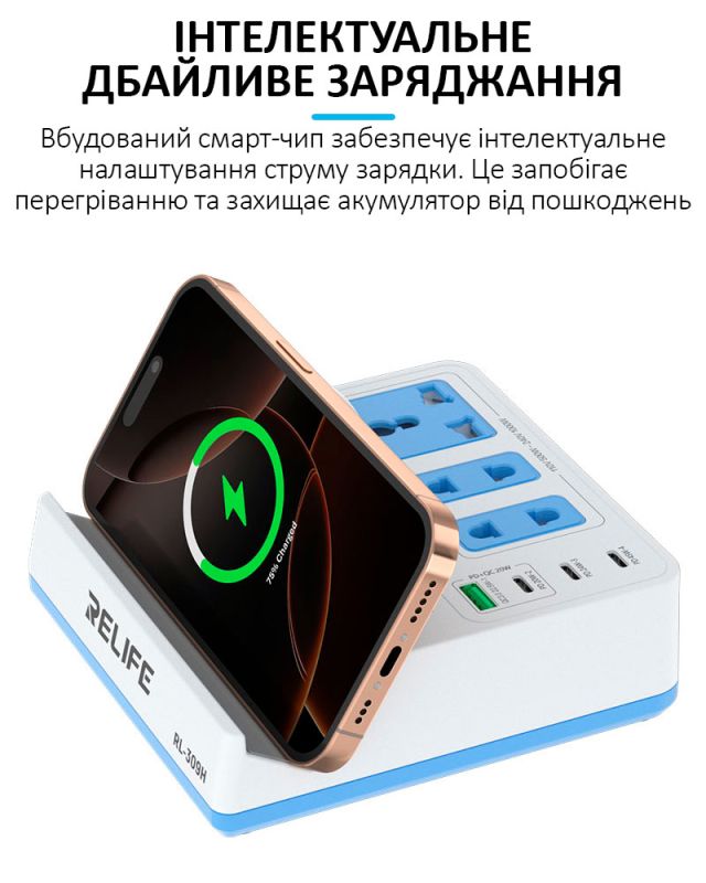 Беспроводное зарядное устройство Relife RL-309H / 1XUSB QC / 3xType-C PD / удлинитель 220В / 72W Max