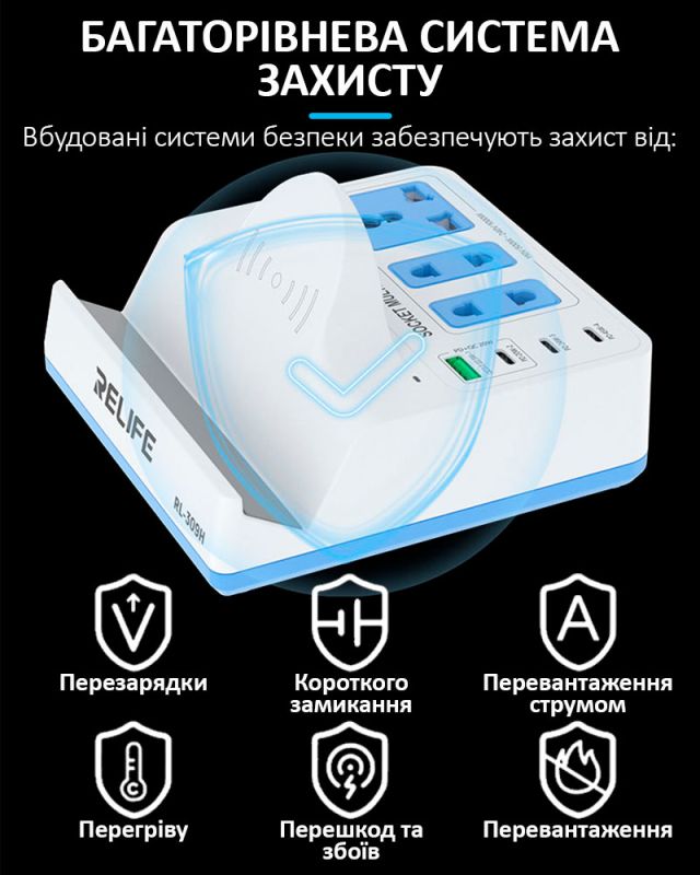 Беспроводное зарядное устройство Relife RL-309H / 1XUSB QC / 3xType-C PD / удлинитель 220В / 72W Max
