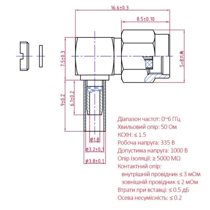 Разъем коннектор SMA-JW-1.5 RP-SMA male (папа) угловой для кабелей RG-316, RG-174, RG-188, LMR100