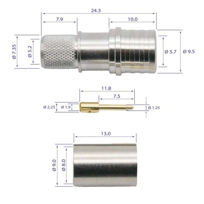 Разъем коннектор QMA male (папа) обжимной для кабеля 5D-FB RG6 RG5 LMR300 RG304 РК-75