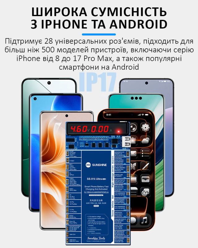 Активатор акумуляторів Sunshine SS-916 Ultra v3.0 для iPhone 8 - 17 Pro Max / Samsung / Huawei / Xiaomi