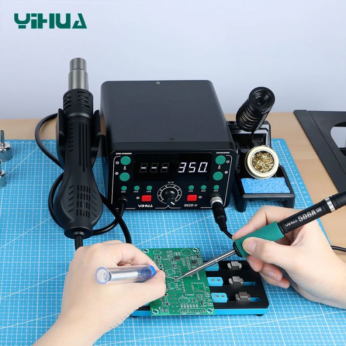 Паяльна станція 2 в 1 YIHUA 902D-IV / термофен + паяльник T12 / 3 канали пам'яті / 775 Вт
