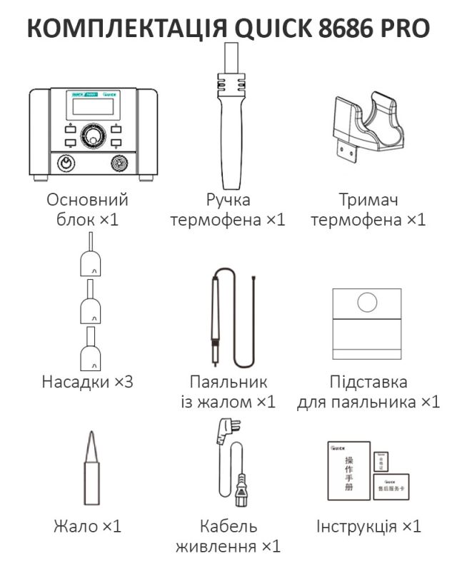 Паяльная станция 2 в 1 QUICK 8686 Pro / термофен + паяльник / 100-500°C / 50 л/мин / 1350 Вт