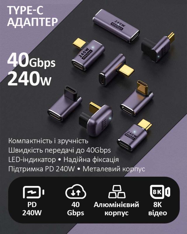 Перехідник Type-C на Type-C OTG адаптер (тато-мама) USB 4.0, 40 Гб/с, 240Вт, 8K, прямий