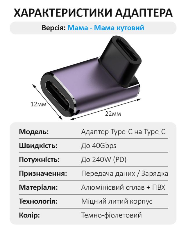 Переходник Type-C на Type-C адаптер (мама-мама) USB 4.0, 40 Гб/с, 240Вт, 8K, угловой