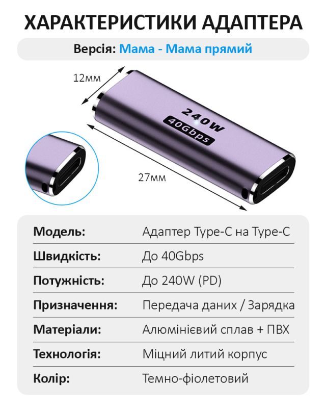 Перехідник Type-C на Type-C адаптер (мама-мама) USB 4.0, 40 Гб/с, 240Вт, 8K, прямий