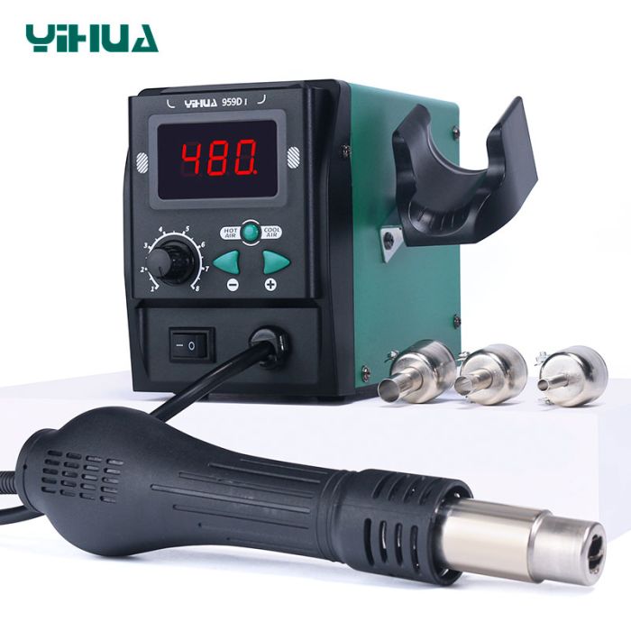 Термоповітряна паяльна станція YIHUA 959D-I термофен / 100-480°С / 120 л/хв / 3 насадки / 700 Вт