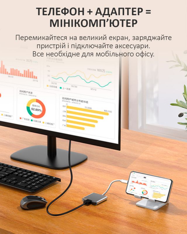 Перехідник OTG адаптер 3 в 1 / Type-C на HDMI + USB 3.0 + Type-C / PD 100 Вт / Білий