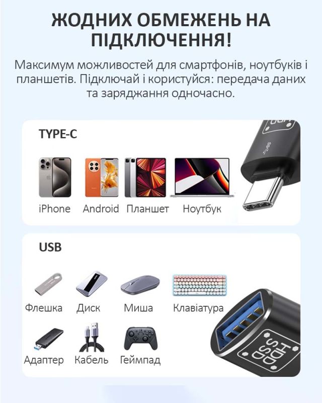 Переходник Type-C на USB 3.0 / OTG адаптер (папа-мама) Черный