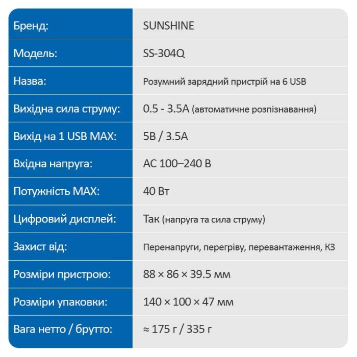 Быстрое зарядное устройство Sunshine SS-304Q 3.5A / 5xUSB / 1xUSB QC3.0 / 40W Black