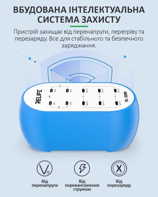 Зарядное устройство RELIFE RL-309M / 10 USB Type-C / Power Delivery / 72W Max