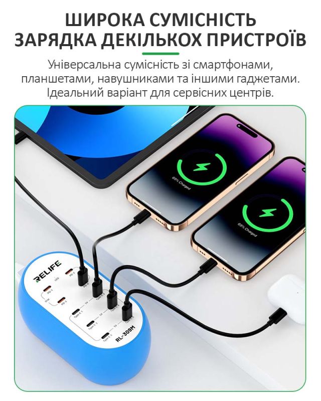 Зарядное устройство RELIFE RL-309M / 10 USB Type-C / Power Delivery / 72W Max