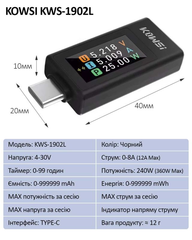 Багатофункціональний USB тестер KOWSI KWS-1902L Type-C / QC3.0 / 4-30V / 8A Чорний