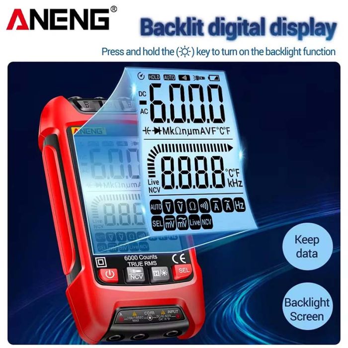 Мультиметр цифровой Aneng SZ01 карманный, True RMS, NCV, автоопределение, фонарик, LCD, 600В, 10A