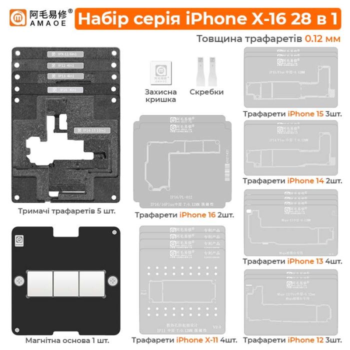 Набір 28 в 1 Amaoe X-16 BGA трафарети форми магніти для iPhone X / XS / 11 / 12 / 13 / 14 / 15 / 16 (0.12mm)