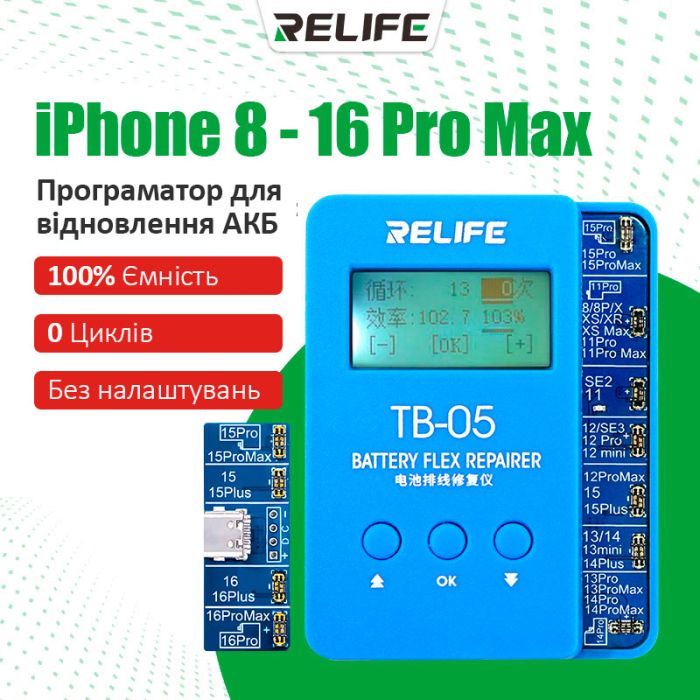 Программатор RELIFE TB-05 V10.0 для сброса циклов и процента износа аккумулятора iPhone 8-16 Pro Max