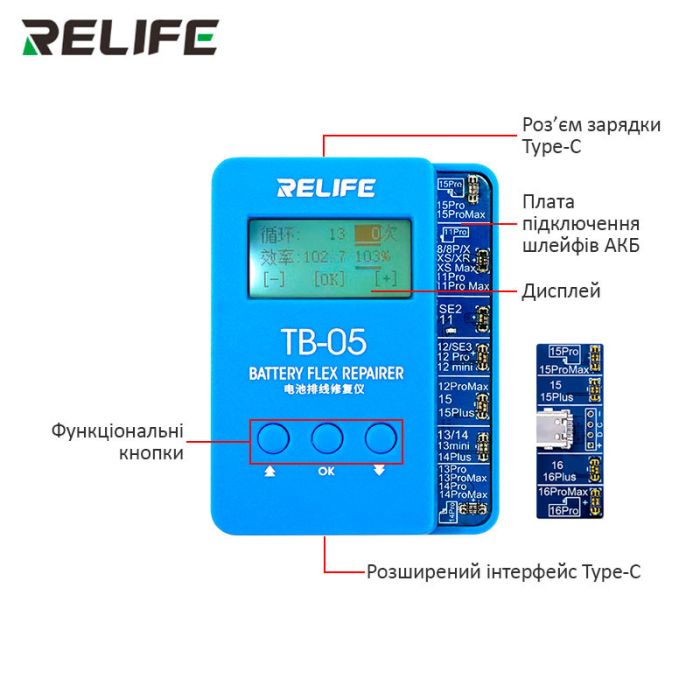 Программатор RELIFE TB-05 V10.0 для сброса циклов и процента износа аккумулятора iPhone 8-16 Pro Max